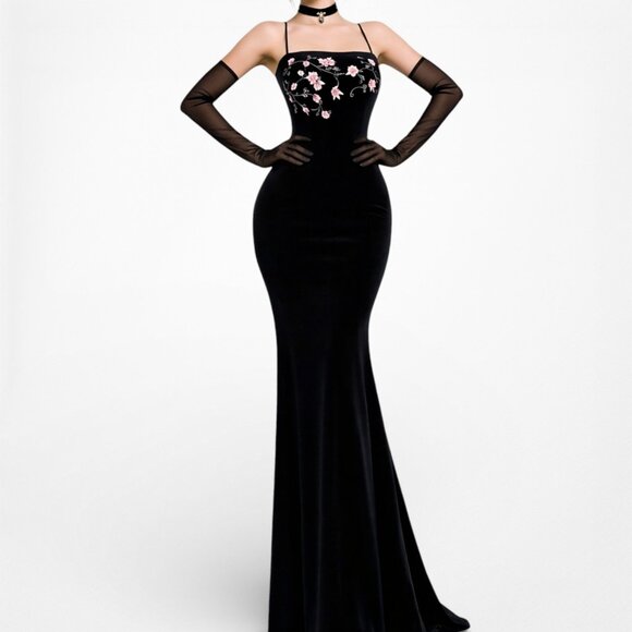 Vintage Black Pink Floral Beaded Embroidered Velvet Bodycon Maxi Prom Dress - Picture 2 of 6